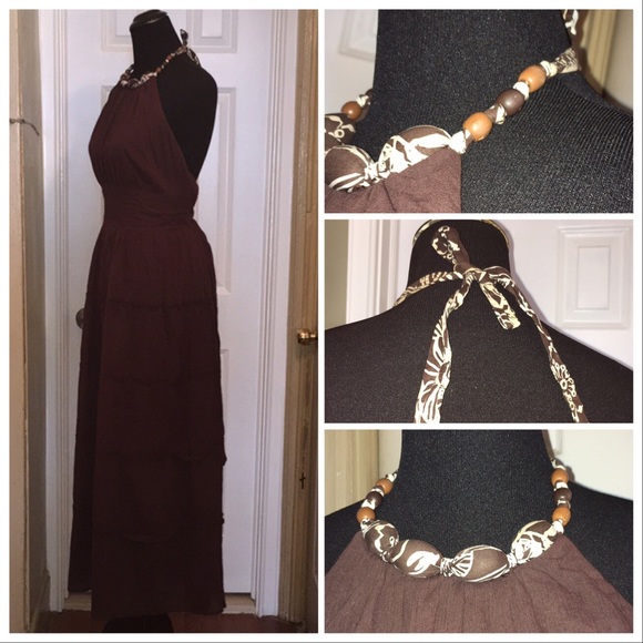 🍂🍁 Fall Robbie Bee Brown Halter Tiered Maxi Dress Sz 12 - Picture 2 of 8